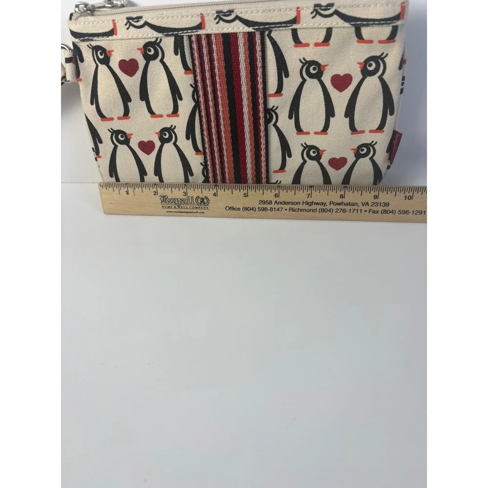 Bungalow 360 Penguin Heart Canvas Wristlet Pouch Cream Peace Sign Zipper Unused‎